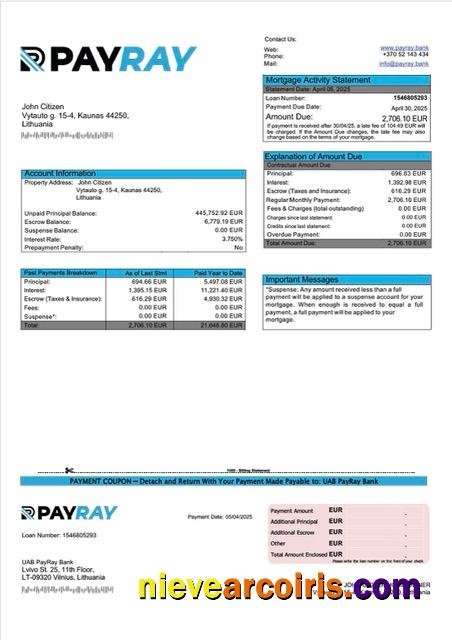 Lithuania UAB PayRay Bank mortgage statement Word and PDF template